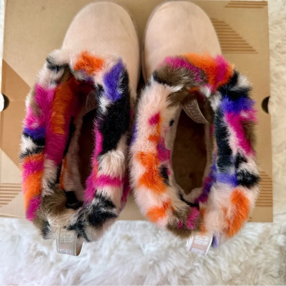 UGG Fluff Mini Quilted Motlee Pink Suede Multicolor Fur Cuff Ankle Boots Size 7